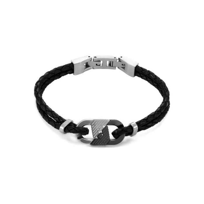 Чоловічий браслет Emporio Armani зі сталі та шкіри з надійним замком, колір вугільно-чорний