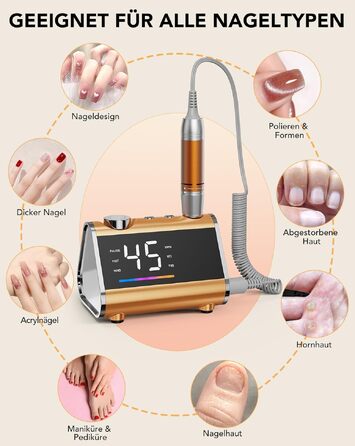 Професійний апарат для манікюру та педикюру HOMEASY 45 000 об/хв з LCD-дисплеєм, ножною педаллю та мережевим живленням, помаранчевий