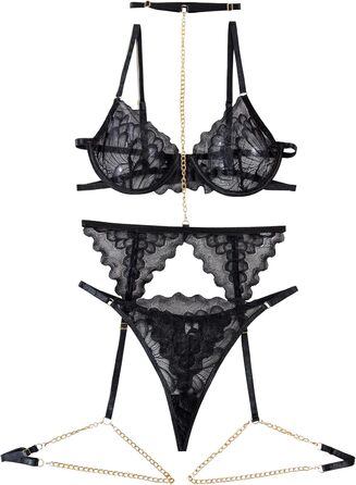 Комплект спідньої білизни Lilosy з чокером, мереживо з квітковим візерунком, Push-up, стрінг, для жінок, прозорий бюстгальтер та трусики, 3-частини (3XS, ланцюжок чорний)