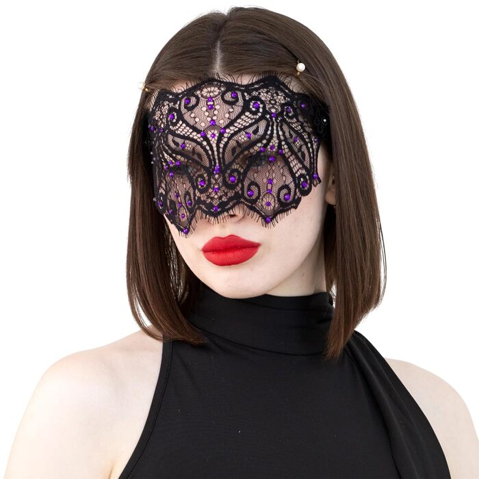Чорна мереживна маска для жінок з кристалами – елегантна венеціанська маска для маскараду, готичної вечірки, косплею, карнавалу та особливих подій – ручної роботи (чорна з фіолетовими стразами)
