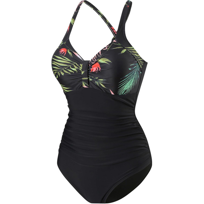 Купальник жіночий Laorchid Monokini з високою талією, корегуючий, з V-подібним вирізом, чорний, з рослинним принтом