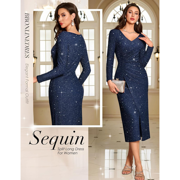 Сукня Bbonlinedress з паєтками: елегантна максі, довгий рукав, зимова, для вечірок та свят (S, темно-синій)