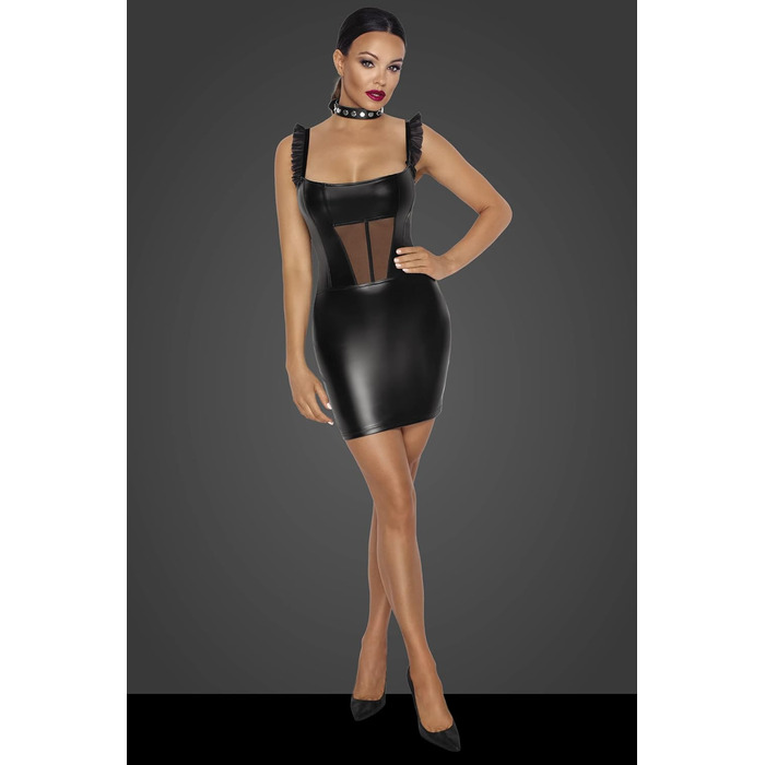 Чорне міні-плаття з ефектом лакового покриття ручної роботи Noir Knappes Damen Dessous з мереживом та блискавкою на спині, розмір S