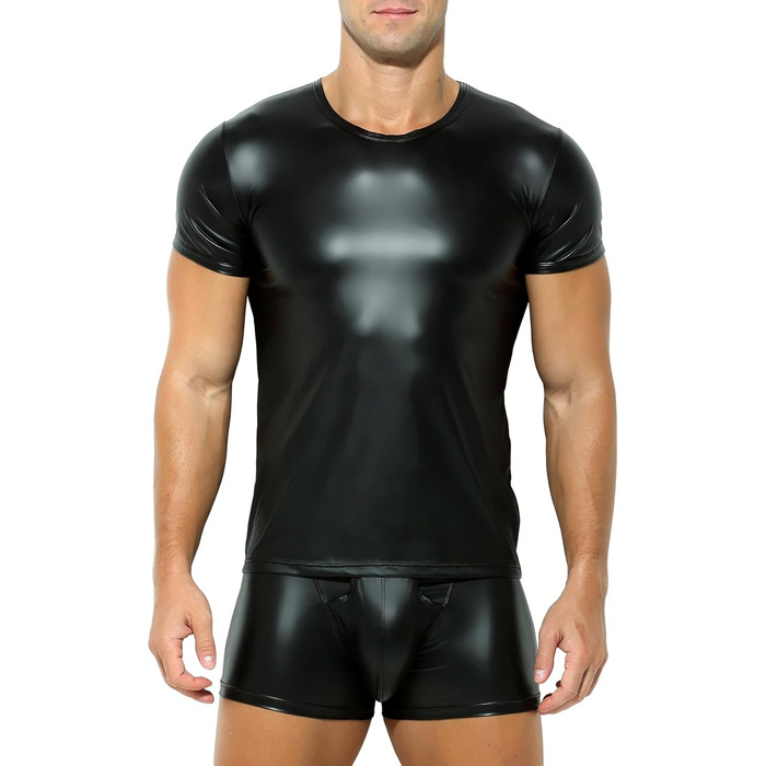 Чоловіча латексна футболка чорного кольору з ефектом шкіри. Футболка з короткими рукавами, під сорочку, для клубів, гудівер, скінхед, для відпочинку, літня мускульна майка, лак, шкіра, вініл, чорний колір