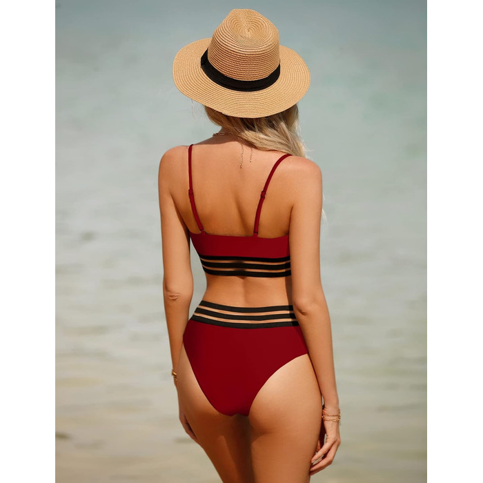 Бікіні Daen Bikini Set: двочастинний купальник пуш-ап з високою талією, спортивний дизайн, для жінок (L, Бордовий)