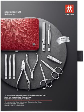 Набір для манікюру та педикюру ZWILLING Kroko Edition (10 предметів), нержавіюча сталь, шкіряний футляр, червоний