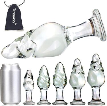 Скляний анальний плагін ScreaAss з спіраллю, набір 5 розмірів (31/35/40/50/60 мм), прозорий, для жінок та чоловіків