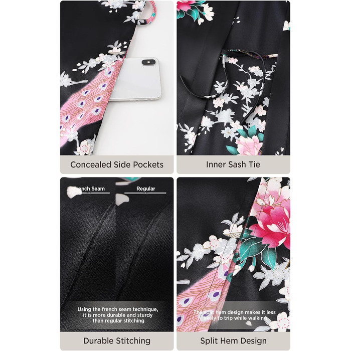 Чоловічий халат BABEYOND з довгим рукавом, шовковий сатин, кімоно, принт 'павич', чорний