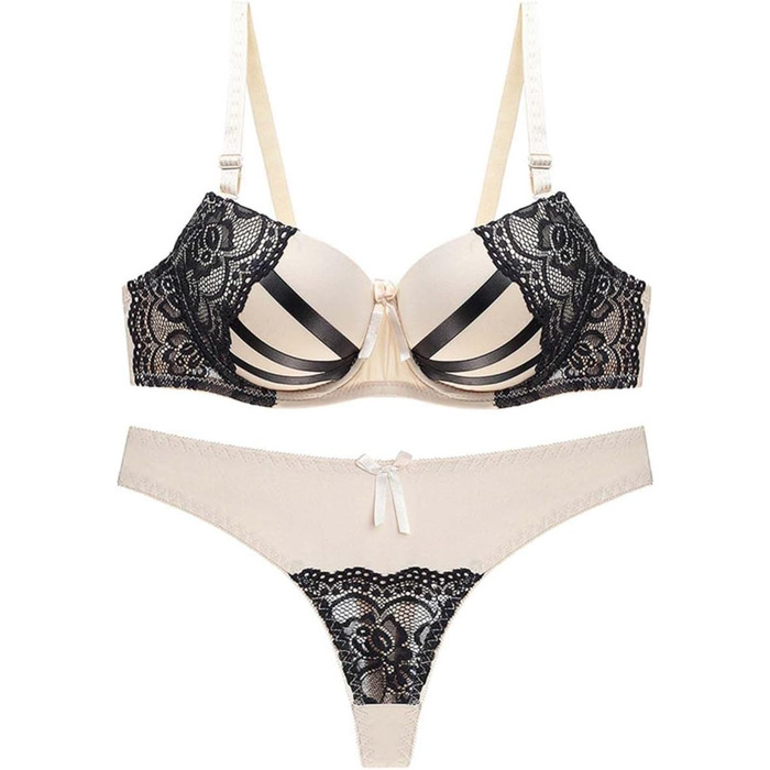 Сексуальна жіноча білизна: комплект з мереживом, V-подібний виріз, push-up, бежевий, Китай, розмір 42