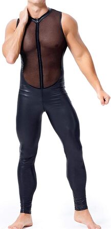 Боді з латексу для чоловіків, чорний, XL. Латексний костюм з сіткою, цілісний, з довгими рукавами, для клубів, штучна шкіра.
