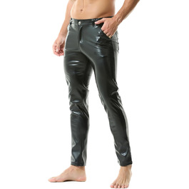 Чоловічі штани з екошкіри QiaTi - стильні прямі штани з еластичною тканини для мотоциклів та нічного клубу, чорного кольору, розмір L
