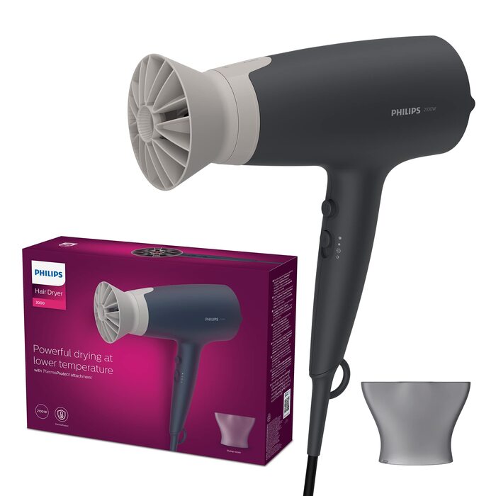 Фен для волосся Philips Series 3000 BHD351/10 з функцією іонізації та ThermoProtect, 2100 Вт, 6 рівнів температури та швидкості, білий/чорний