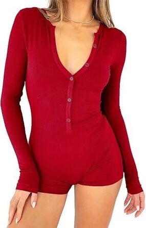 Жіночий комбінезон LACOZY з довгими рукавами та V-подібним вирізом, стильний Y2K, облягаючий, піжамний, для фітнесу, білий (S, червоний)