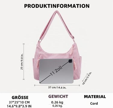 Жіноча сумка-шопер через плече Cord Tote Bag, велика сумка-хобо для роботи та навчання, вельветова сумка з регульованим ременем (рожева, універсальний розмір)