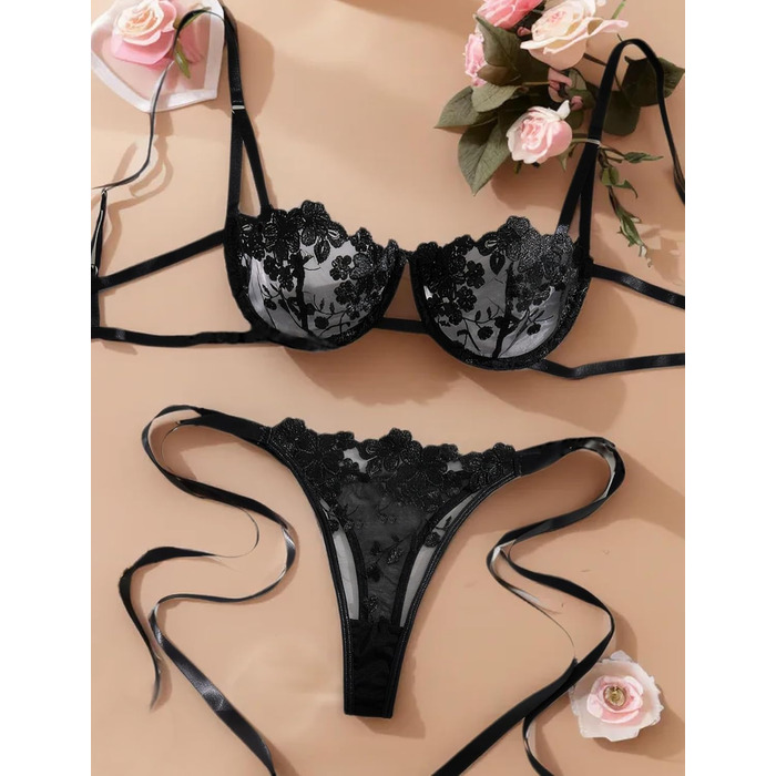 Сексуальна жіноча білизна Maeau: комплект бюстгальтера та танга з мереживом, мережаний прозорий трусики, пуш-ап, чорний, S-XL
