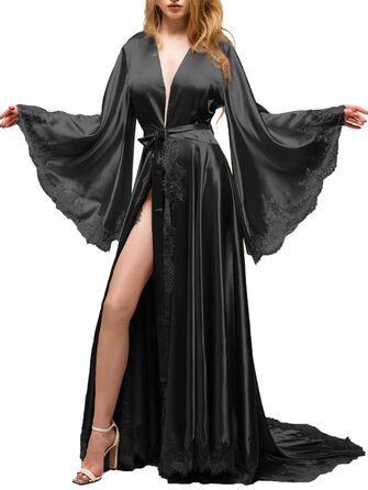 Чорний халат з атласу з мереживом XL для весілля та вечірки, Kimono, довгі рукави