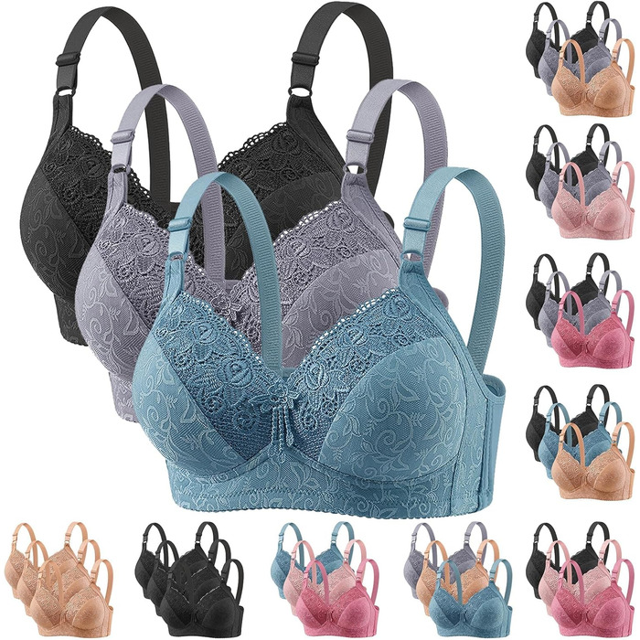 3er комплект бюстгальтерів без кісточок для жінок Push Up, великі груди, класичний комплект, м'який та зручний, для щоденного використання (чорний+синій+сірий), 95C