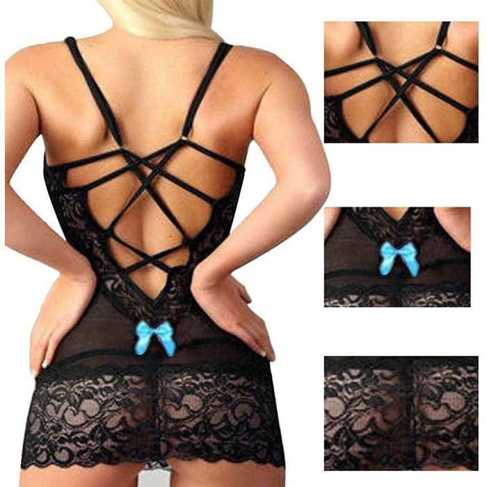 AKAZI Сексуальна білизна на День святого Валентина, жіноча спокуслива білизна, чорна мереживо, мереживна нічна сорочка з зав'язками, виріз, babydoll спідниця, сукня, боді (Синій XXL)