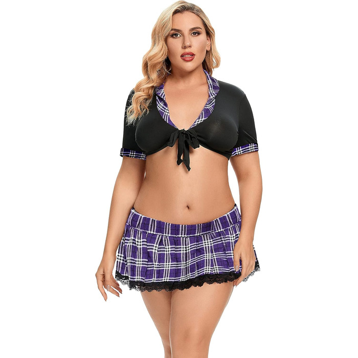 Костюм школярки JuicyRose Plus Size: Комплект з топ з зав'язками та міні-спідницею, фіолетовий, XXL