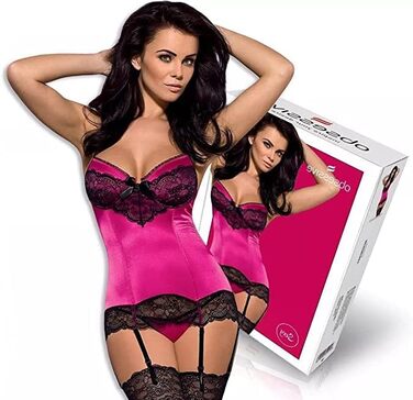 Obsessive Комплект спідньої білизни: стрінги та бюстгальтер без бретелек з глибоким вирізом, червоний, з мережива, прозорий, з бантиками, S-M, фуксія