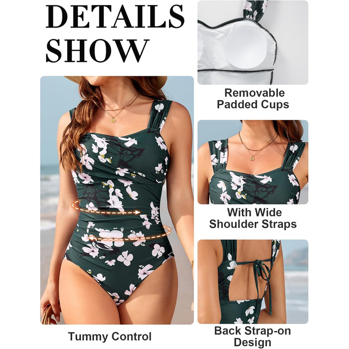 Світшот Badeanzug Damen: Одноцільний купальник з високою талією, Push Up, вінтажний, великі розміри, контроль живота, схуднення, пляжний, темно-зелений/рожевий з квітами