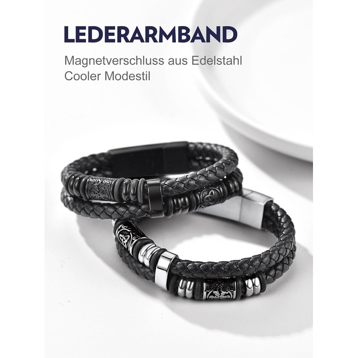 Чоловічий шкіряний браслет Bandmax плетений з магнітною застібкою, чорний, стиль Вікінг, довжина 21 см