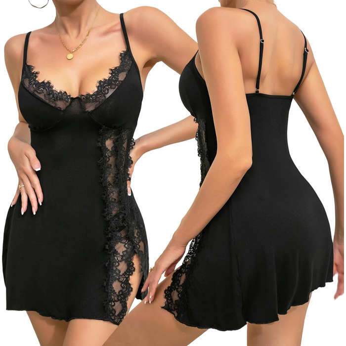Babydoll для жінок: сексуальна нічна сорочка з вирізами та розрізом, мереживна піжама, чорний колір, розмір S