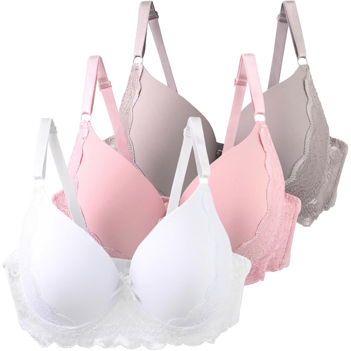 3 шт. бюстгальтери XCXC для жінок з кісточками, великі розміри, Push-Up, мереживо, регульовані бретелі, дихаючі, комфортні, для повсякденного використання та відпочинку (#A 3 шт. (білий+рожевий+хакі), 100B)