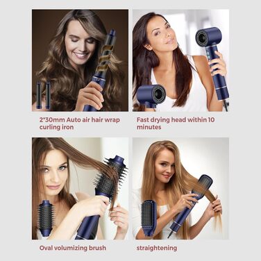Мультистайлер для волосся 6 в 1 MogaWave Hairstyler Pro Airbrush: стайлер з феном, круглою щіткою для об'єму, вирівнювачем та насадками для завивки (Синій)