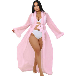 Жіночий халат з пір'ям Ohyeahlady: сексуальний кімоно, довгий, прозорий, мереживний, великі розміри 3XL-4XL, рожевий