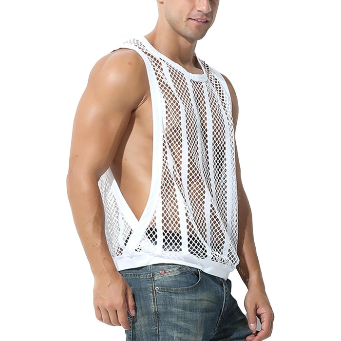 Чоловіча майка з сіткою та смугами, прозора, без рукавів, з вирізами, сітка, зелена (L, білий)