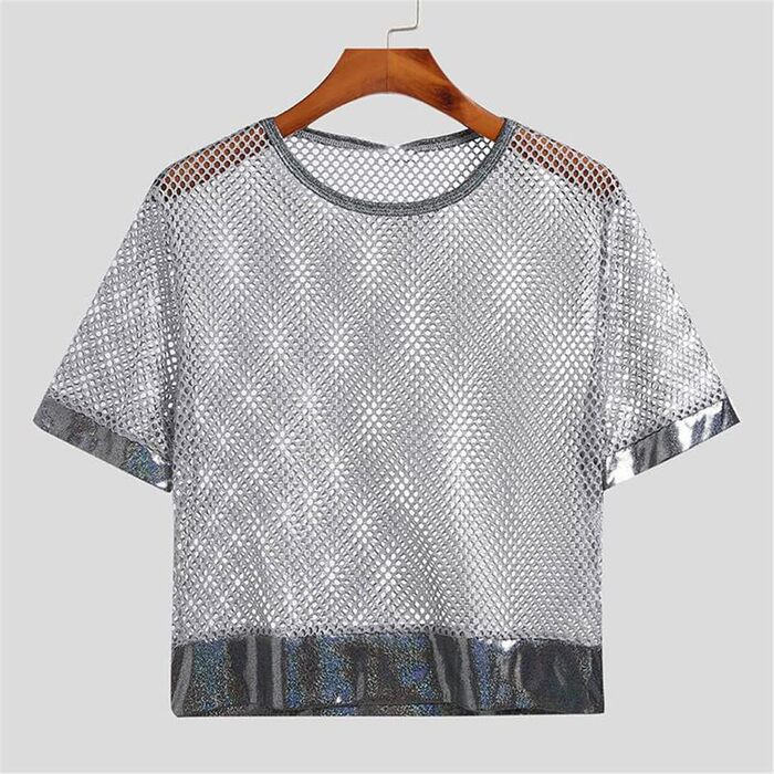Чоловіча футболка з сіткою та вставками, стильна футболка-кроп топ для вечірок та повсякденного носіння, сірий колір