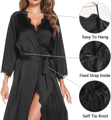 Шовковий халат Aranmei для жінок: довгий, з V-подібним вирізом, 3/4 рукава, нічний халат, халат для сну, кімоно, чорний, з мереживом