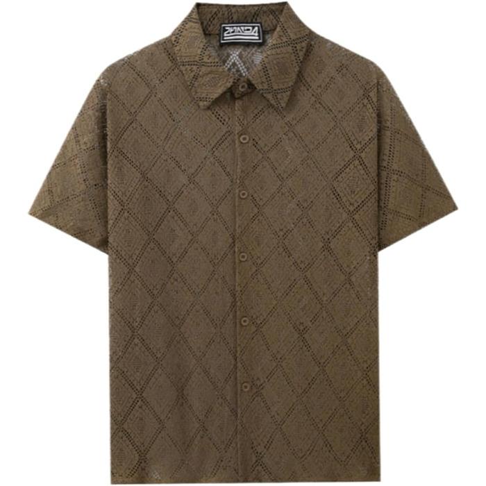 Чоловіча сорочка SOOUICKER з мереживом, короткі рукави, літня сорочка вільного крою, для відпочинку та свят, білий (кофе, XL)