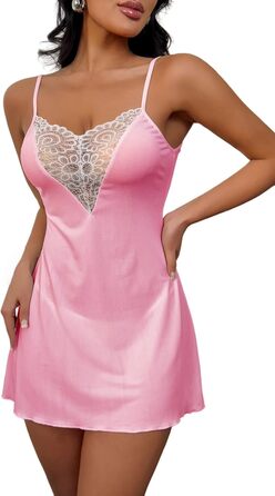 Жіноча нічна сорочка KNDMY з мереживом, V-подібний виріз, відкрита спина, сітчаста міні-сорочка, babydoll, рожевий, розмір S