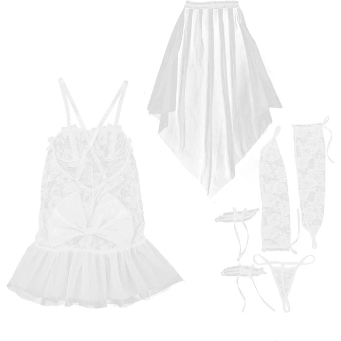 Сексуальний комплект спідньої білизни з мережива для жінок, весільний, екзотичний костюм, міні-сукня з поясом, білий універсальний розмір