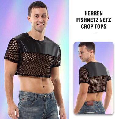 Чоловіча сітчаста сорочка з прозорим екошкіряним вставками, відкритий живіт, футболка з короткими рукавами, чорна, розмір M