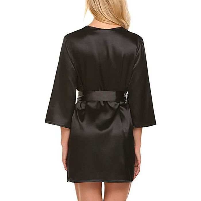 Халат жіночий літній довгий, кімоно, сатин з мереживом, чорний. Халат для дому, легкий, напіврукав, як халат-рушник