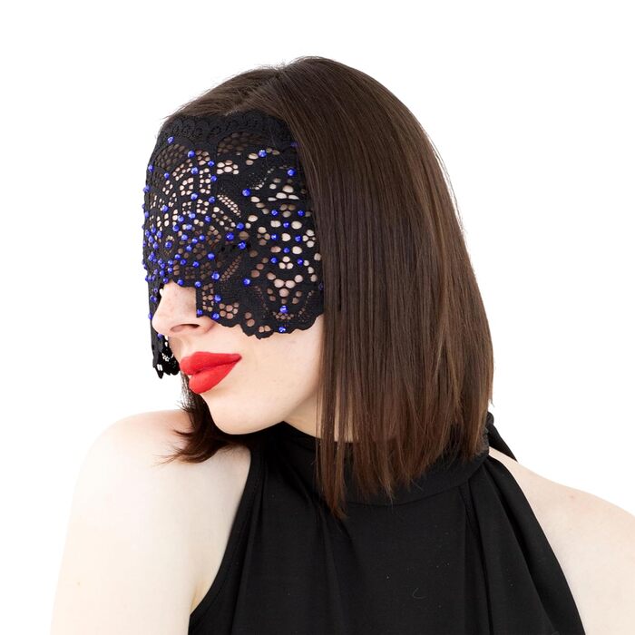 Ручна вишита мереживна маска на обличчя з каміння для жінок, чорна маска для маскараду, балу, карнавалу, весілля, бурлеску, косплею, Марді Гра (чорний колір з блакитними камінцями)