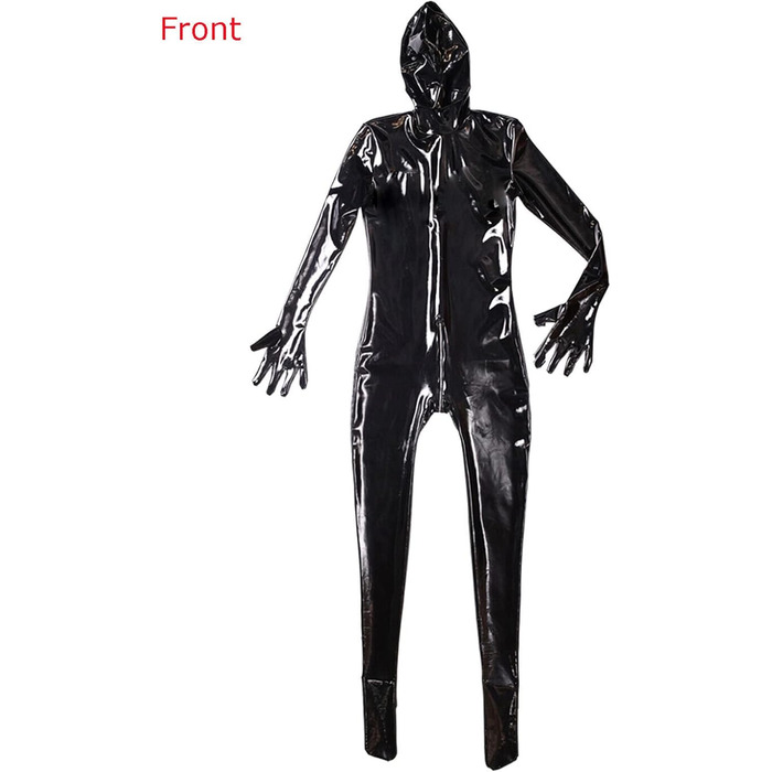 Комбінезон чоловічий блискучий PVC шкіра, костюм кота, повний боді з блискавкою, catsuit з рукавичками, чорний, XL