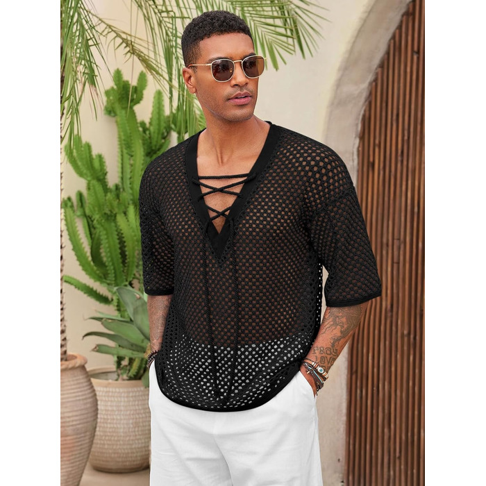 Чоловіча літня сорочка Runcati, шнурівка, V-подібний виріз, напіврукав, в'язана, мереживна, прозора, чорна, розмір L