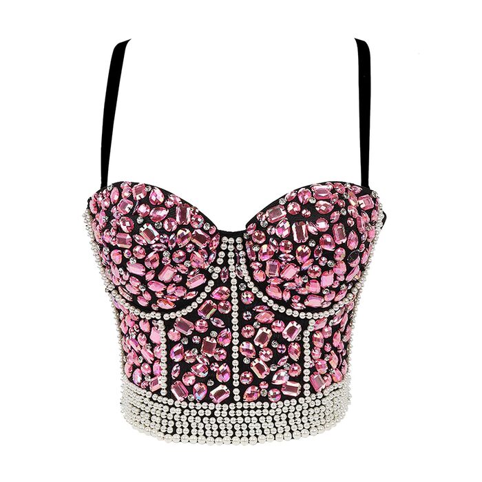 Жіночий бюстгальтер-корсет з пуш-ап, мереживо, стрази, рожевий. Ідеально для вечірок та клубів