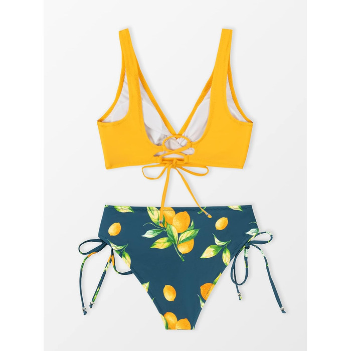CUPSHE Bikini Set: Розкішний двочастинний купальник з квітковим принтом, низька посадка, шнурівка, лимонний колір