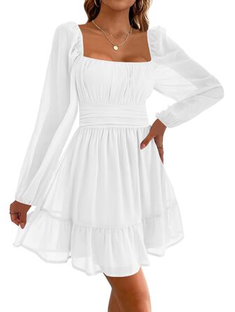 Сукня Imily Bela з квадратним вирізом, міні-сукня з сіткою, висока талія, довгі рукави, сукня для вечірньої події з рюшами, біла, розмір M