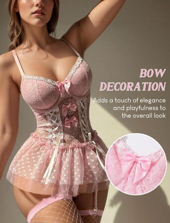 Комплект жіночої білизни FEOYA: мереживне боді, корсет, трусики, панчохи (рожевий, розмір L)