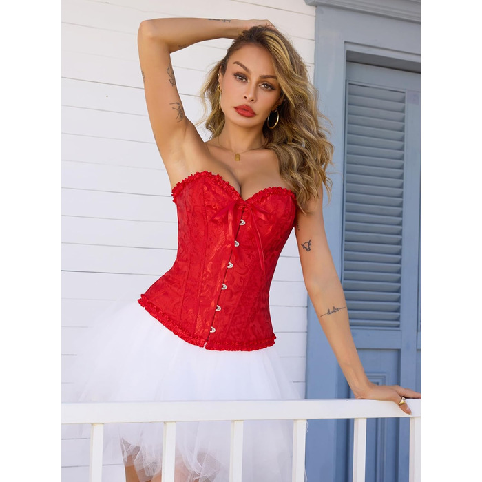 Корсет для жінок з повним бюстом, корсаж, готичний стиль, вінтаж, сатин з квітковим візерунком, бюстєль, топ-корсет для Хелловіну та карнавалу, S- (Червоний, 3XL)