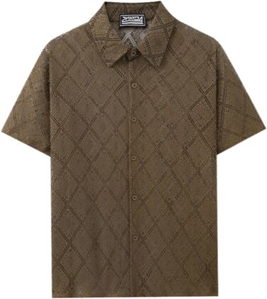 Чоловіча сорочка SOOUICKER з мереживом, короткі рукави, літня сорочка вільного крою, для відпочинку та свят, білий (кофе, XL)