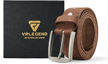 Шкіряний ремінь чоловічий VRLEGEND з натуральної шкіри для джинсів, коричневий, ширина 3.8 см, довжина 115 см (подарункова упаковка)