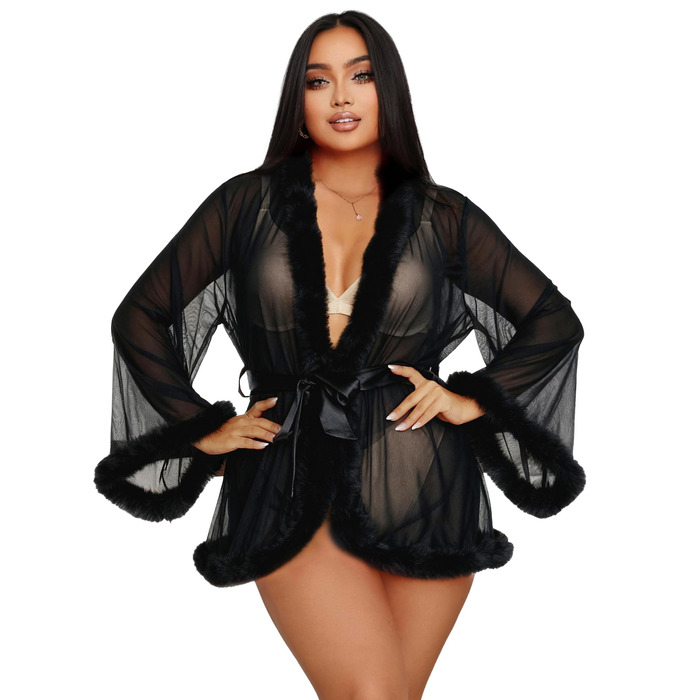 Кимоно жіноче з тюлю, коротка, сексуальна піжама з штучним хутром, прозора, великі розміри, халат, бікіні, нарядний халат, сукня для вагітних з поясом (XL-XXL, чорний)