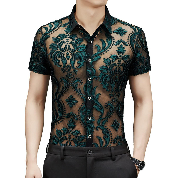 Прозора сорочка для чоловіків та жінок Yonititeee, сексуальна, з короткими рукавами, для нічного клубу, мереживна сорочка з сіткою M CS01